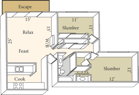 Floor plan for 2 beds, 1 bath, 1025 sqft